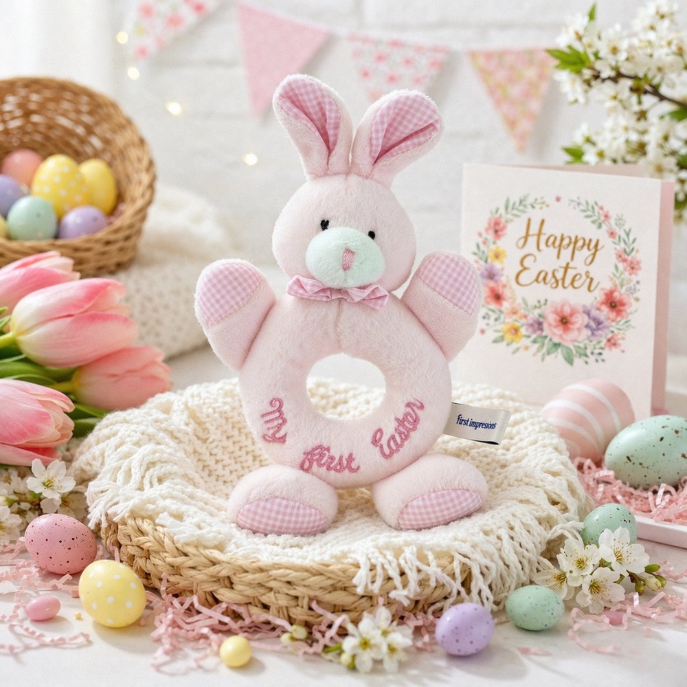 FIRST IMPRESSIONS Plush Bunny Baby Rattle Baby’s First Easter Pink & White NWOT